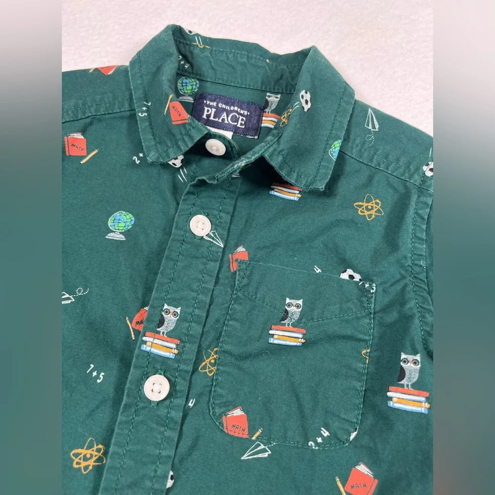 THE CHILDRENS PLACE Boys Doodle Poplin Button Up‎ Shirt 2T Back to School Green